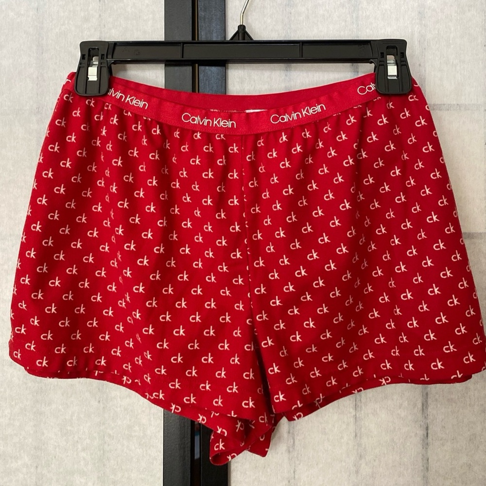 Calvin Klein Red LightweightFlannel Sleepshorts pajama bottoms with CK Pattern